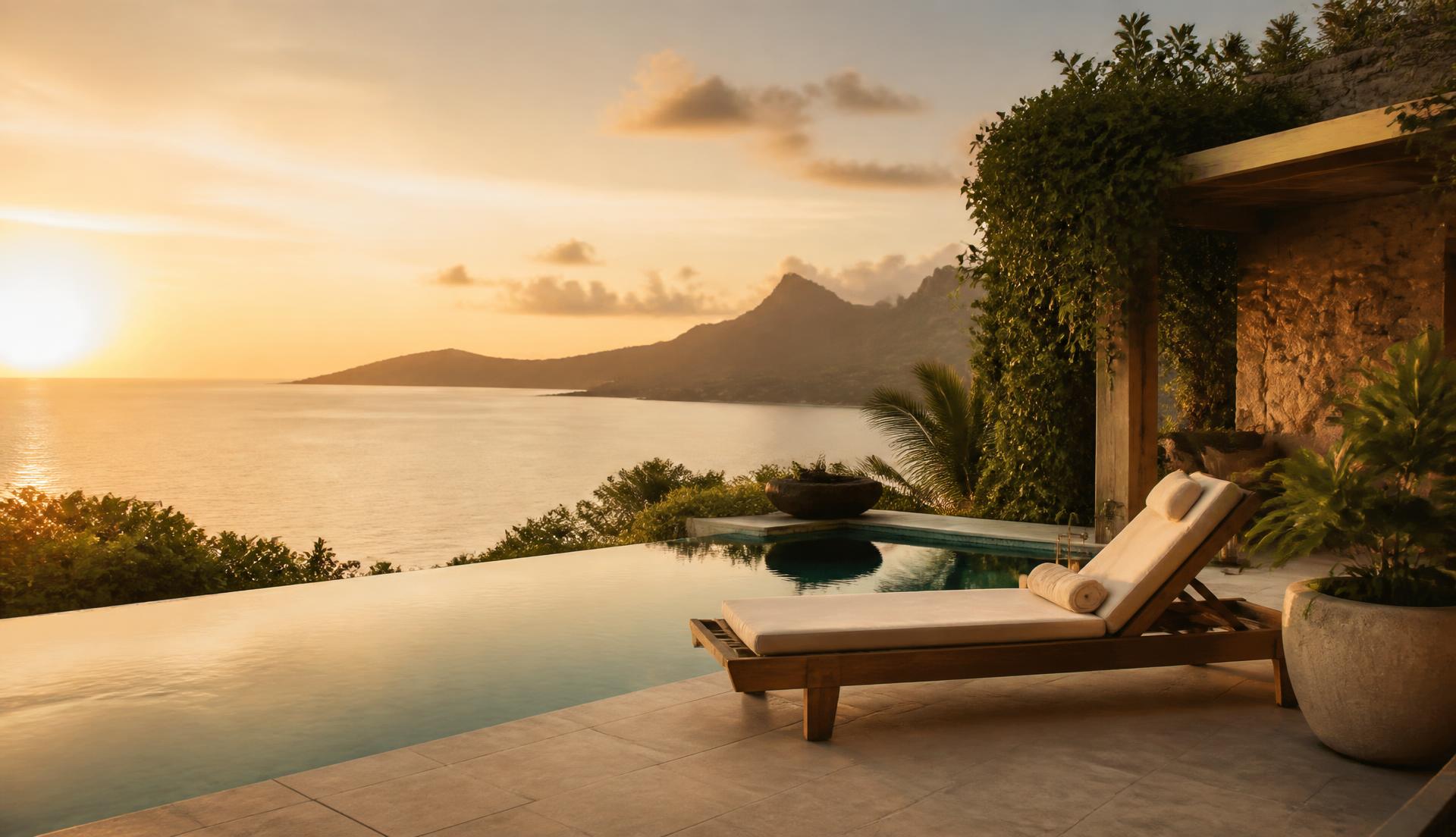 A private infinity pool overlooking a calm ocean at golden hour